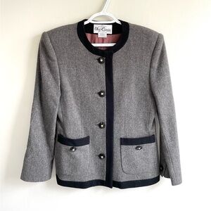 VINTAGE OLEG CASSINI WOOL JACKET BUTTONS POCKETS GREY BLACK TRIM GOLD